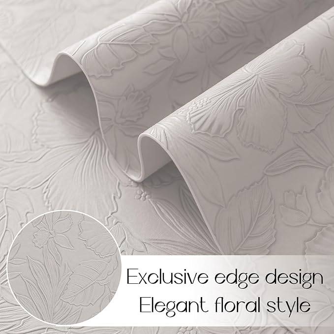 Romanstile Vinyl Placemats Set of 4-12 X 18 Inch - Heat Resistant Non-Slip Embossed Floral Place Mats 100% Waterproof Oilproof Wipeable Faux Leather Table Mats for Kitchen/Dining/Party, LightGrey