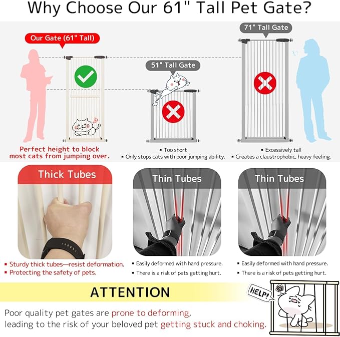 Lumizone Extra Tall Cat Gate 61.02" High Pressure Mounted Extra Wide 55.12"-59.24" (17Sizes) 1.37" Gap No Drilling Auto-Close Tall Pet Gate for Dogs (Cream, 55.12"-59.24" W)