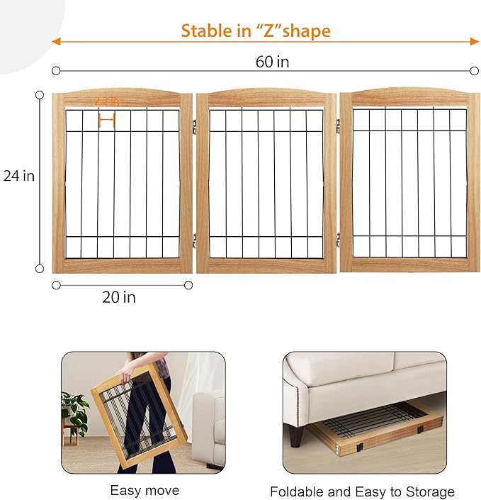 LZRS 3-Panel Freestanding Foldable Wooden Dog Gate –Solid Wood & Steel Wire Chew-Resistant Indoor Safety Pet Fence for Doorways & Stairs, Ideal for Small to Medium Dogs & Puppies, Natural