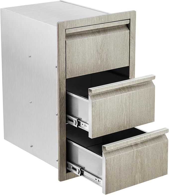 Stainless Steel Outdoor Kitchen Triple Drawers 14.7" W x 18.5" D x 24.5" H - Heavy Duty with Handles, Weather-Resistant Flush Mount for BBQ Island, Patio Grill & Outdoor Cooking Space
