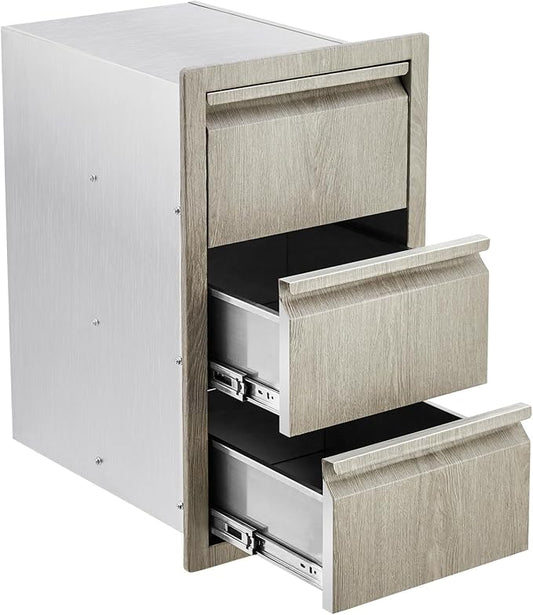 Stainless Steel Outdoor Kitchen Triple Drawers 14.7" W x 18.5" D x 24.5" H - Heavy Duty with Handles, Weather-Resistant Flush Mount for BBQ Island, Patio Grill & Outdoor Cooking Space