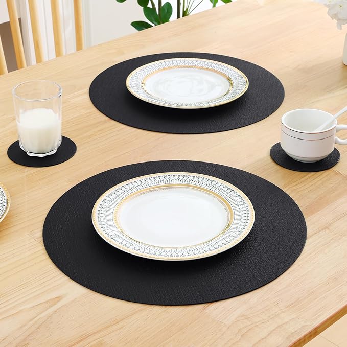 Homaxy Round Faux Leather Placemats and Coasters, Washable Dual-Side Table Mats, Wipeable Heat-Resistant Dining Place Mats for Outdoor and Indoor, Set of 8, Diameter 13 and 3.93 inch, Black