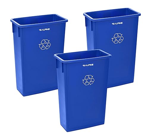 Alpine Commercial Slim Trash Can 23 Gallon - Set of 3 Tall Blue Recycle Bin – Space-Saving, Leakproof Plastic Waste Receptacles for Office, Janitorial & Public Use