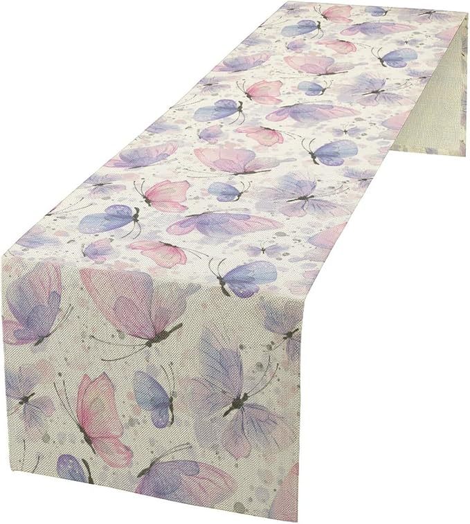 Watercolor Butterfly Table Runner, Pink Purple Butterfly Splash Spot Doodle Art Table Runner for Holiday Kitchen Dining Outdoor Home Party 13x70in