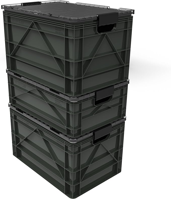 SIDIO CRATE Starter Pack - Two Full Size and One Half Size Heavy Duty Stackable Storage Bins, Totes with Lids and Dividers - Durable Organizer for Home, Office, Garage, and Outdoor Use - Stealth
