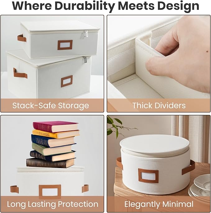HOMELUX THEORY Coffee Mug Storage with Dividers, Ivory Hard Shell China Storage Containers, Kitchen Storage Bins With Lids, Heavy Duty Moving Box for Packing Glassware, Stemware & Glassware
