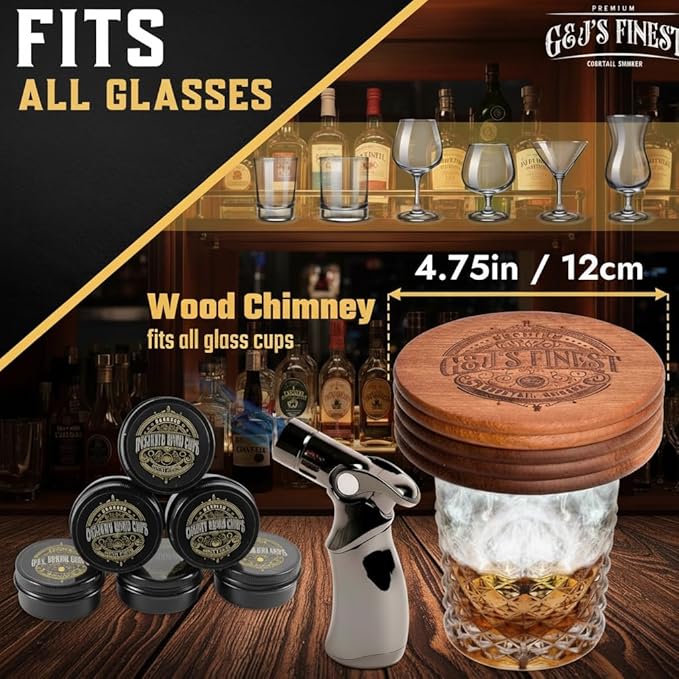 Whiskey Smoker Kit | Cocktail Smoker Kit| Bourbon Smoker Kit| Old Fashioned Smoker Kit with Quad Flame Torch, 6 Wood Chips & Wooden Box for Smoking Drinks| Whiskey Gift for Men (No Butane Incl.)