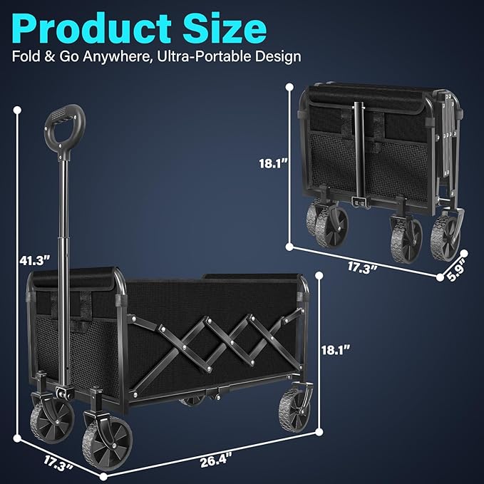 Wagons Carts Foldable, Collapsible Wagon with Wheels — Durable Foldable Wagon for Groceries,Picnic & Pets, Small Hauls, Apartment Moving & Storage, Portable Utility Pull Wagon Cart, 360lbs, Jet Black