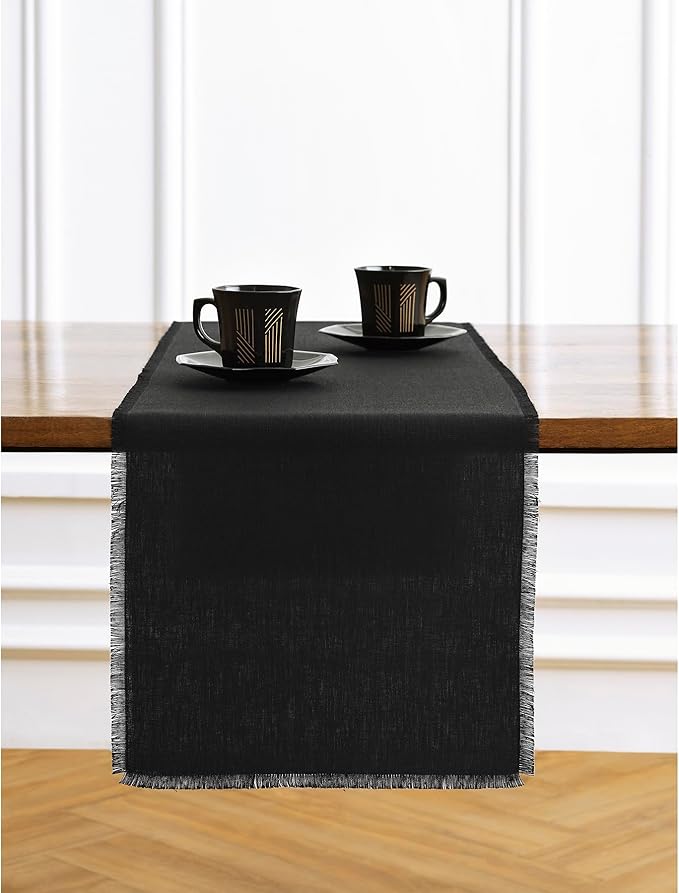 Solino Home Linen Black Table Runner 90 Inches Long - Fringe, 100% Pure Linen 14 x 90 Inch Table Runner for Fall, Autumn, Halloween, Thanksgiving, Christmas, Holiday