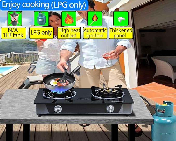 Propane Stove 2 Burner Gas Stove Novel 9 Copper Propane Burners Auto Ignition Tempered Glass with LPG CSA Hose for Outdoor Cooking,Emergency