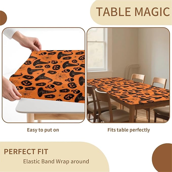 Rectangle Table Cloth Cover Waterproof Elastic Fitted Polyester Fitted Tablecloths for 8 Foot Tables for Indoor,Picnic, Camping, Outdoor （96" x 30"，Halloween Tablecloth）