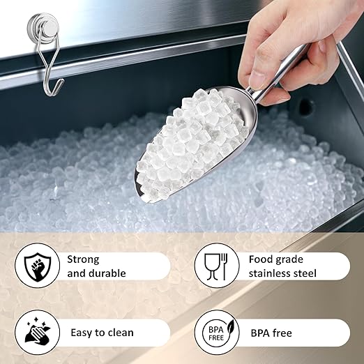 Juome 6oz Stainless Steel Ice Scoop for Freezer with Magnetic Holder, Metal Ice Scoop for Ice Machine, Small Ice Cube Scooper for Freezer Bin for Ge Profile Opal 2.0 Nugget Ice Maker