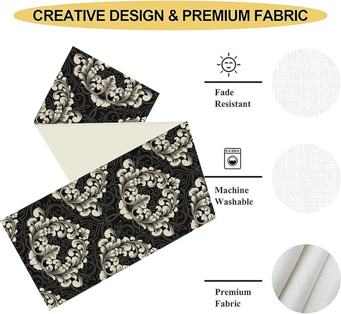 Gothic Table Runner, Retro Black Damask Baroque Style Floral Bohemian Exotic Coffee Vintage Table Center Decor for Kitchen and Dining Outdoor Home Country Party Table Decorations, 13"x108"