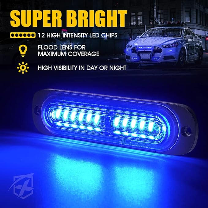 Xprite Blue LED Surface Mount Strobe Police Lights Kit, Emergency Safety Warning Flashing Grille Cop Marker Light for Volunteer Vehicles Trucks ATV UTV Cars Vans Motorcycle - 4PCS