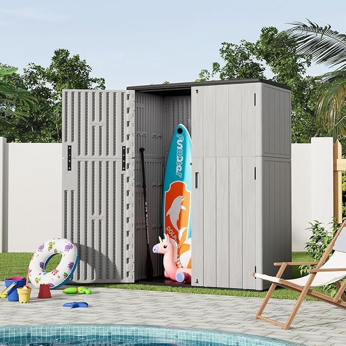 KINYING Outdoor Vertical Storage Shed,57 Cu.ft Outdoor Storage Cabinet Waterproof,Resin Sheds & Outdoor Storage Clearance for Garden,Patio,Backyard,Lockable (Grey)