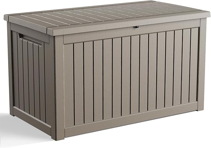 EasyUp 280 Gallon Outdoor Storage Box Waterproof, UV Resistant Resin Deck Box with Hydraulic Rod, Reinforced Stability for Patio, Garden, Striped Gray