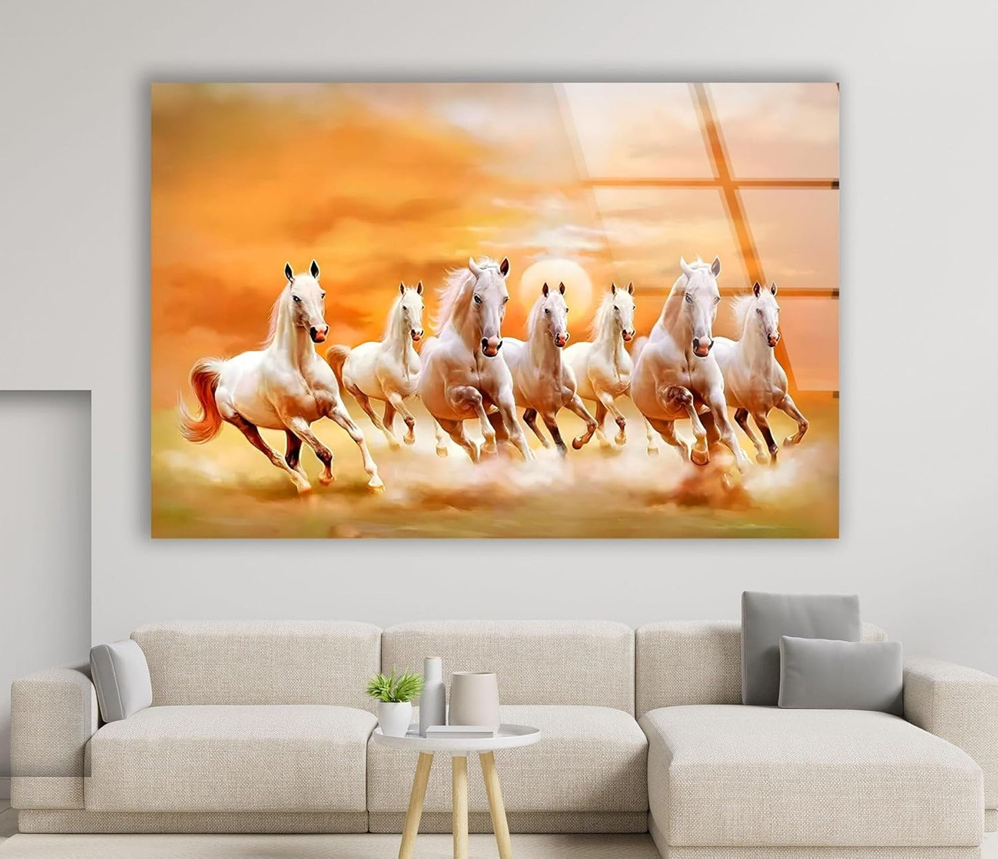 My Photostation.com Round 24'' White Horses Running on Sunset Glass Wall ArtTempered Glass Printing Wall Decor Large Wall Art Wall Hangings