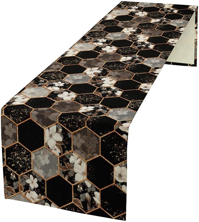 Marble Table Runner, Spring Floral Marble Geometric Texture Pattern Table Runner for Wedding Home Living Room Party Dining Kitchen 13x90in