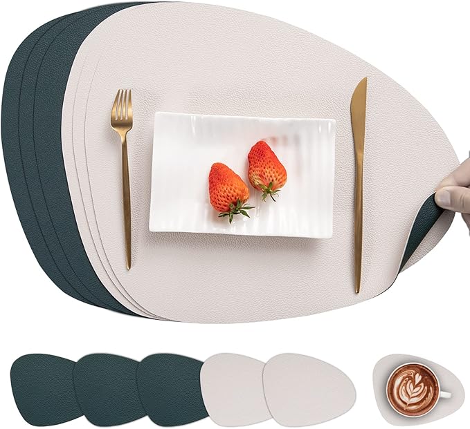 Myir JUN Placemats, Dual-Sided Placemats Waterproof Faux Leather Placemats Set of 6 Place Mats and Coasters Non-Slip Washable Table Mats for Dining Table (Beige Green, Set of 6)