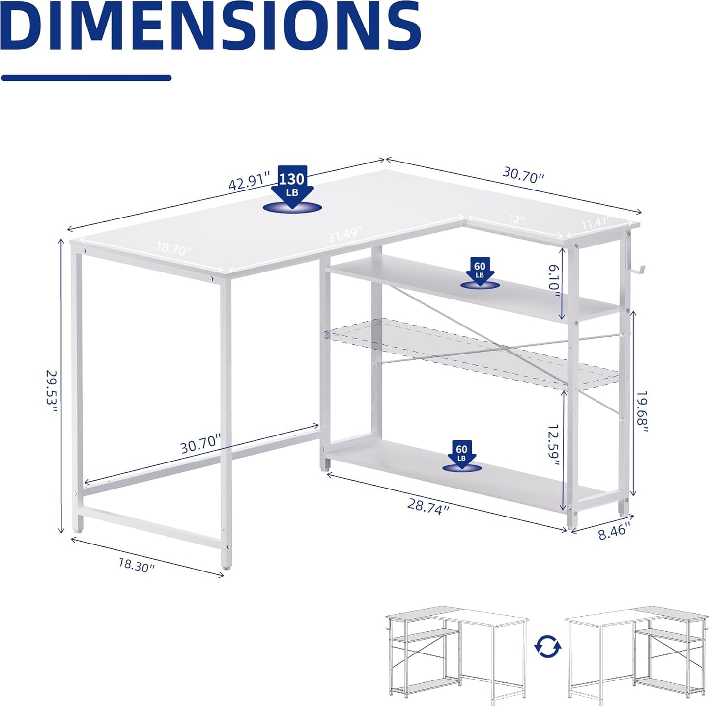 Pamray 43 Inch L Shaped Computer Desk with Reversible Side Storage Shelves, Small Corner Desk for Small Space Home Office,Writing Study Table PC Desk for Bedroom,White