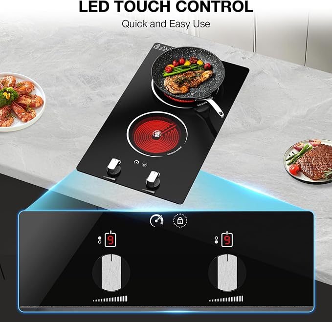 2 Burner Electric Cooktop, 2100W Electric Stove Top Hot Plate, 12 inch Countertop Burner & Built-In Stove Top, 9 Levels of Power, Knob Control, Timer & Kid Safety Lock, Residual Heat Warning