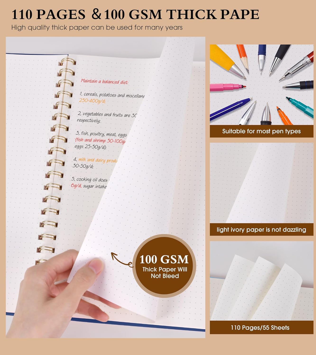 Dotted Notebook, Spiral Notebook Journal 8.5” x 11”, A4 Large Dot Grid Notebooks for Women Men, 100 GSM Dotted Paper, Plastic Hardcover Spiral Bullet Journals for Work School Sketching, Navy