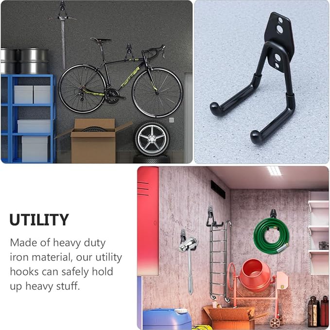 Kisangel Heavy Duty Garage Wall Hooks 2pcs Metal Utility Hangers Black for Garden Tools Storage and Garage Organization