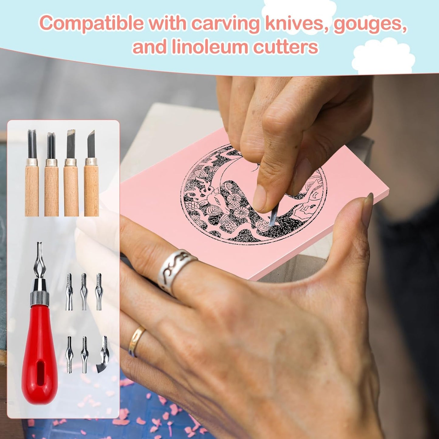 Frienda 50 Pack Rubber Carving Blocks 4 x 6 Inch, Rubber Stamp Carving Blocks for Printmaking, Printing, DIY Craft Project, Soft Block Stamp for Beginners and Professional(Pink)