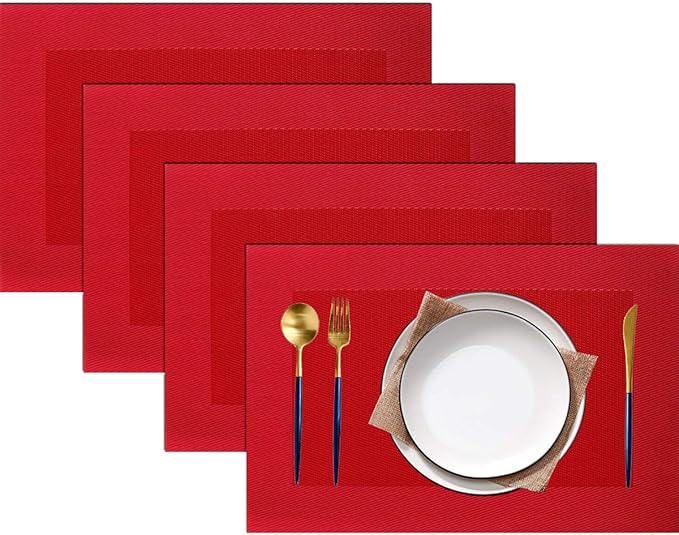 PIGCHCY Placemats Vinyl Washable Table Mats Elegant Non-Slip Placemats for Dinner Table Set of 4 (Red)