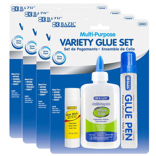 BAZIC White Glue 4oz., Clear Glue 1.7oz., Glue Stick 0.7oz., Washable Liquid Glue Pen, Multi-Purpose, for School Home Office (3/Pack), 4-Pack