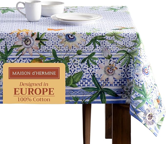 Maison d' Hermine Table Cloth Rectangle Table 100% Cotton 70 x 108 Inches Tablecloth Reusable Decorative for Dining Room, Farmhouse, Home, Party, Festive & Wedding Spring Summer - Passiflora
