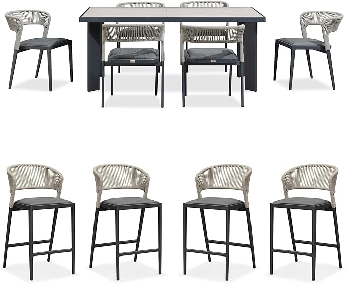 PURPLE LEAF 7 Pieces Outdoor Dining Set Patio Table and Chairs Set Aluminum Wicker Rattan Patio Furniture Set for Lawn Garden Porch Beige Marble Color Outdoor Set with Counter Stools