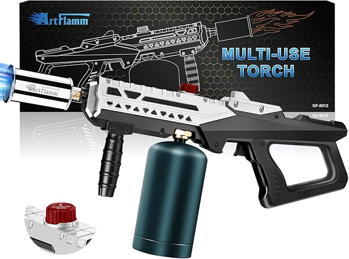 Propane Torch Gun, Powerful Cooking Grill Torch Gun, Adjustable Flamethrower Multi Use Blow Torch for BBQ, Campfire, Charcoal Wood Grills Lighter(Tank Not Included)