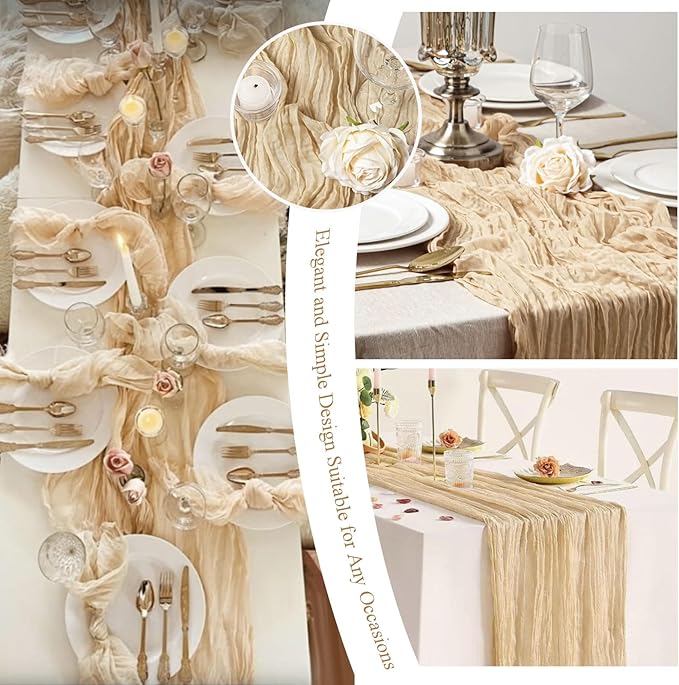 20 Packs Cheesecloth Table Runner 10FT Long Boho Gauze Fabric Table Runner Vintage Rustic Sheer Runners for Wedding Party Bridal Baby Shower Table Decorations (Beige)
