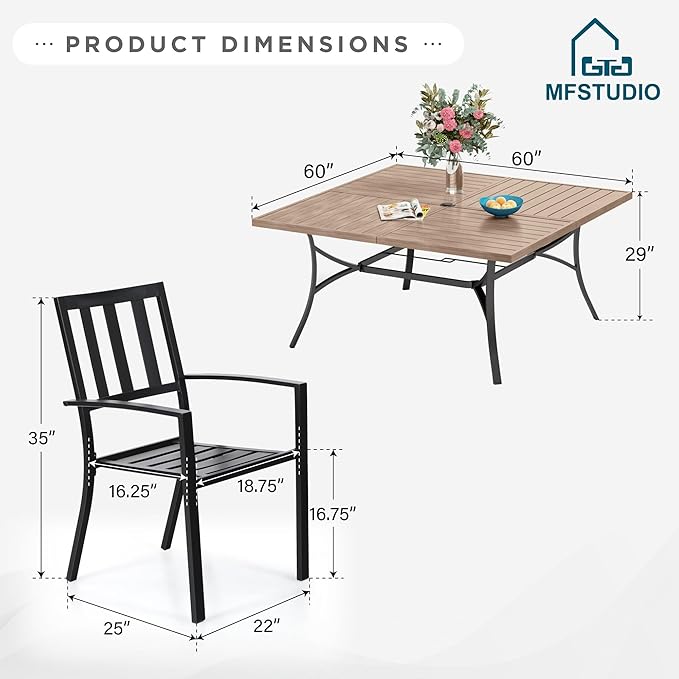 MFSTUDIO Outdoor Dining Set for 8, Patio Table and Chairs Set with Umbrella Hole, 9 Piece Metal Patio Furniture Set for Deck Backyard Poolside Garden