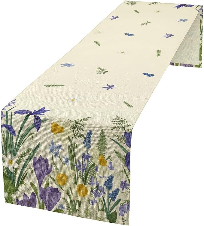 Wildflowers Table Runner,Spring Purple Floral Summer Seasons Daisy Flower Print Kitchen Dining Table Decoration for Home Farmhouse Party 13x60in