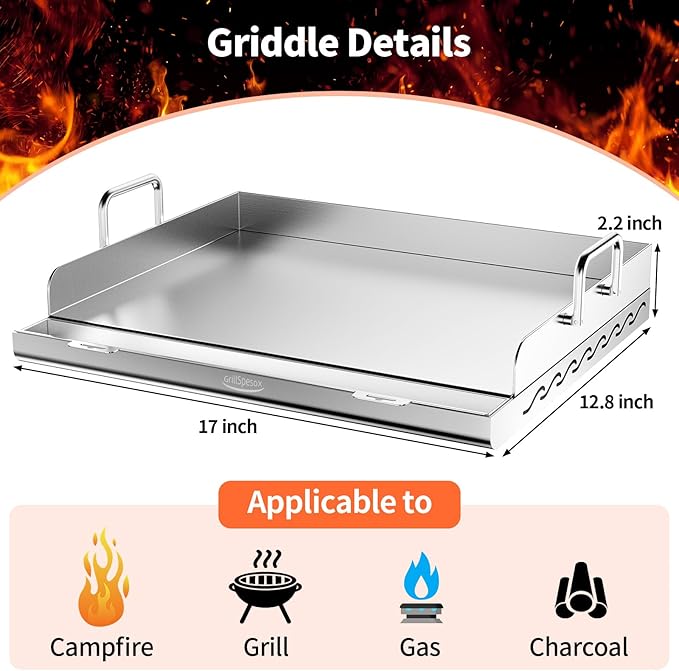 Griddle for Gas Grill- Stainless Steel Griddle, Flat Top Grill with Removable Grease Tray, Stove Top Griddle Pan for Charcoal Grill, Griddle Cooking Plate for Outdoor Grilling (17" x 13" x 2.2")