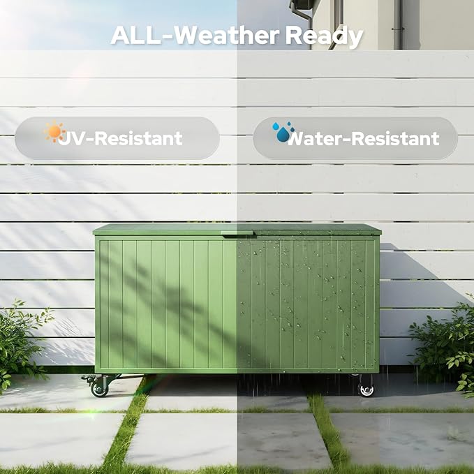 Outdoor Storage Box with Wheels 150 Gallon, Metal Deck Boxes Outdoor Waterproof, Patio Storage Box for Home/Backyard/Pool Chemicals/Toys/Garden Tools/Porch/Patio Cushions (Green)