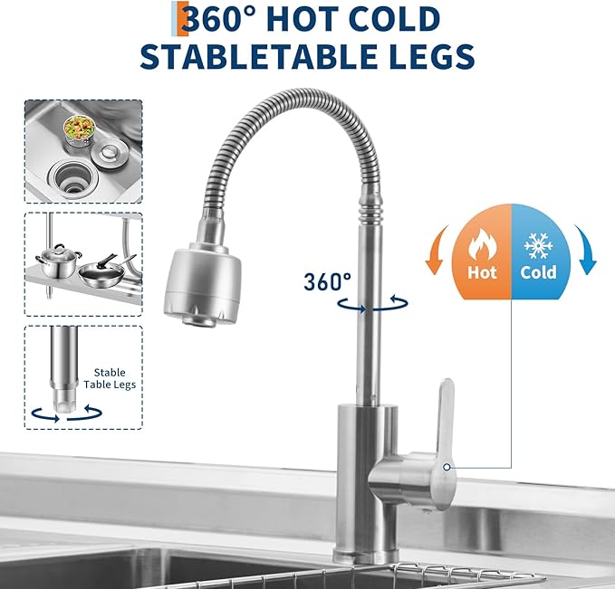 Freestanding Stainless Steel Utility Sink with Workbench, Left Drawer,39" Commercial Kitchen Sink with Faucet, Hot & Cold Water, Storage Shelf, S-Hook,Knife Holder, Adjustable Leg for Indoor Outdoor