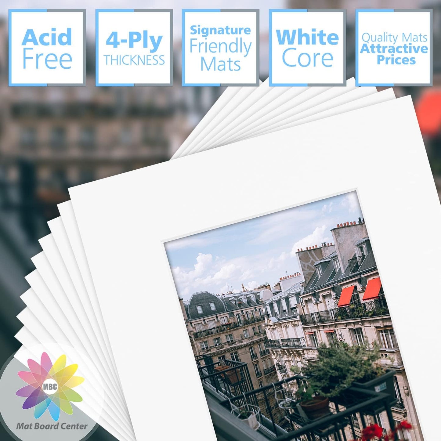 Mat Board Center, Pack of 10, 8x10 for 5x7 Off White Color Mats - Bevel Cut, Acid Free, 4-ply Thickness, White Core - for Pictures, Photos, Framing