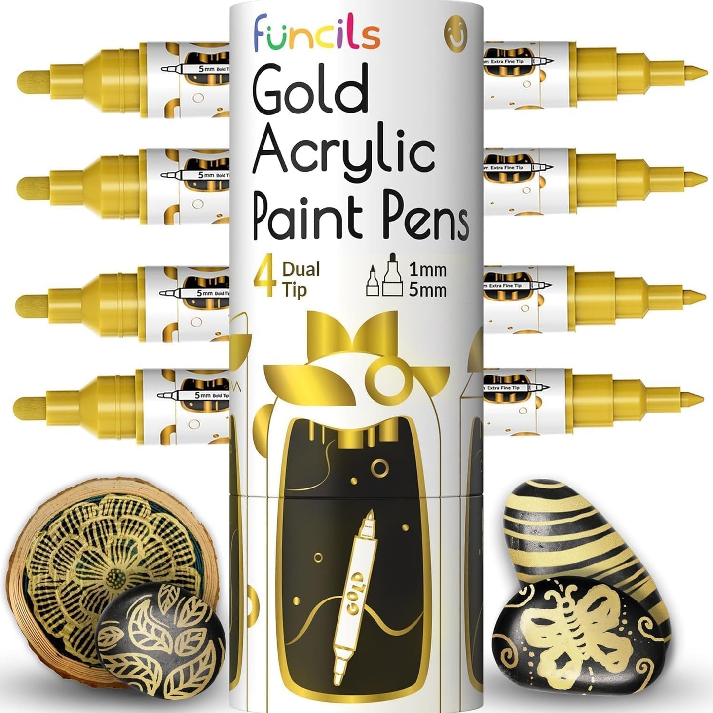 4 Dual Tip Gold Paint Pen Metallic - Fine Tip & Medium Acrylic Paint Markers - Gold Marker for Metal, Wood, Rock Painting, Canvas, Ceramic, Glass, Fabric, Leaf and Plastic - Water-based Ink