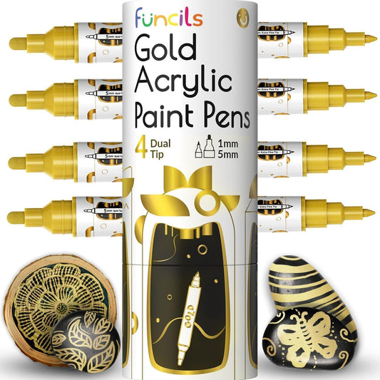 4 Dual Tip Gold Paint Pen Metallic - Fine Tip & Medium Acrylic Paint Markers - Gold Marker for Metal, Wood, Rock Painting, Canvas, Ceramic, Glass, Fabric, Leaf and Plastic - Water-based Ink