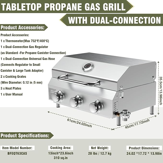 Bestfire 3-Burner Tabletop Gas Grill with Dual Connections, 30,000 BTU Portable Propane Grill Fits Large Cylinders & Small Canisters, Stainless Steel Knobs, Compact Design for Camping, RV, BBQ