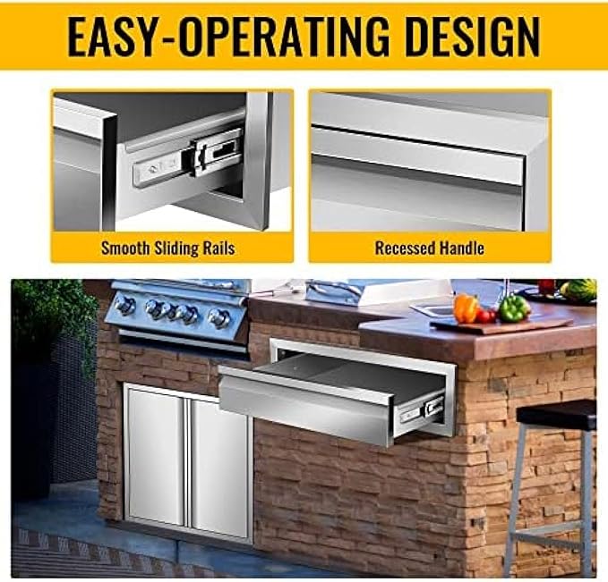 Outdoor Kitchen Stainless Steel Triple Access BBQ Drawers With Handle For BBQ Island Patio Grill Station,Single Drawer