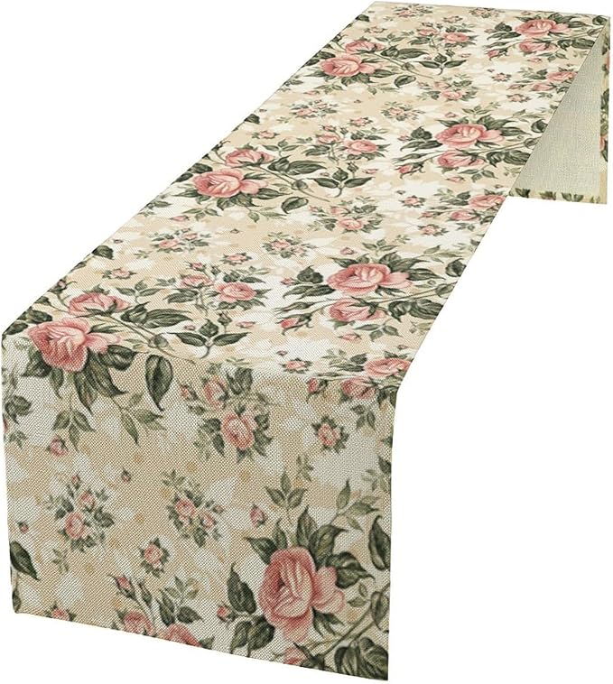 Rose Floral Table Runner,Vintage Watercolor Spring Summer Seasons Flowers Table Decoration for Wedding Holiday Indoor Outdoor Home Party 13x108in