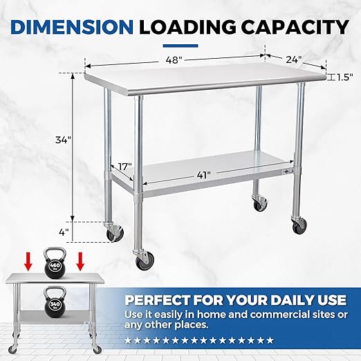 Profeeshaw Stainless Steel Table with Wheels 24x48 Inch, NSF Commercial Kitchen Prep & Work Table with Undershelf and Galvanized Legs for Restaurant, Bar, Utility Room and Garage Heavy Duty Table