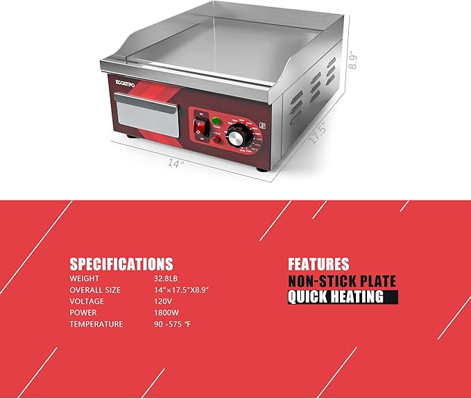 EGGKITPO 14 Inch Electric Griddle, Non-Stick Flat Top Grill Commercial Electric Countertop Griddles Stainless Steel Adjustable Temperature Control 90℉-575℉ for Home or Restaurant Use