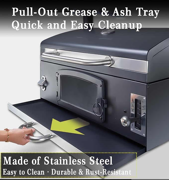 Large Built-in Barbecue Grills, Charcoal BBQ Grills with Liftable Tray, Insulated Hood & Temp Gauge, Black Stainless Steel Charcoal BBQ Barrel Grill for Outdoor Kitchen Camping Park Style