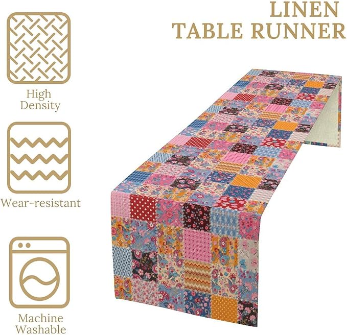 Patchwork Floral Table Runner, Patch Boho Flowers Country Wildflowers Rustic Splicing Design Pattern Table Runner for Farmhouse Kitchen Dining Home Party 13x120in