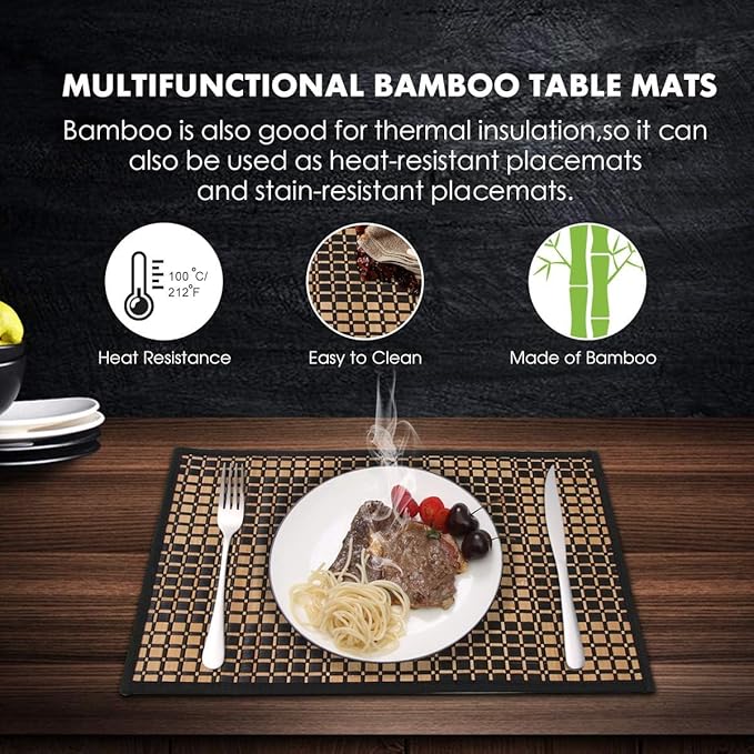 Placemats Set of 4 for Dining Table, Bamboo Place Mats for Kitchen Table Decor, Table Mats Heat Resistant & Non-Slip for Indoor/Outdoor Party, Table Placemats Set of 4 for Dinner Table Black